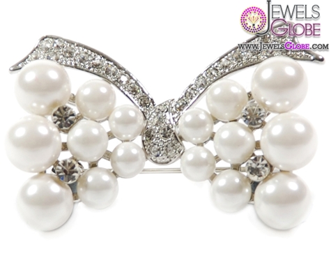 Pearl Diamante Bow Brooch