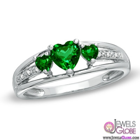 Heart Shaped Lab-Created Emerald Three Stone and Diamond Accent Ring