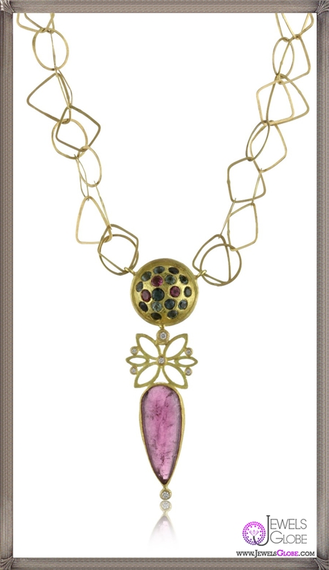 Julieli Metaform Multicolor Tourmaline 18k Gold Chain and Diamond Pendant Necklace