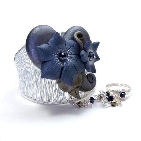 Silver-Cuff-Slave-Bracelet-with-Polymer-Clay-Heart-and-Flowers